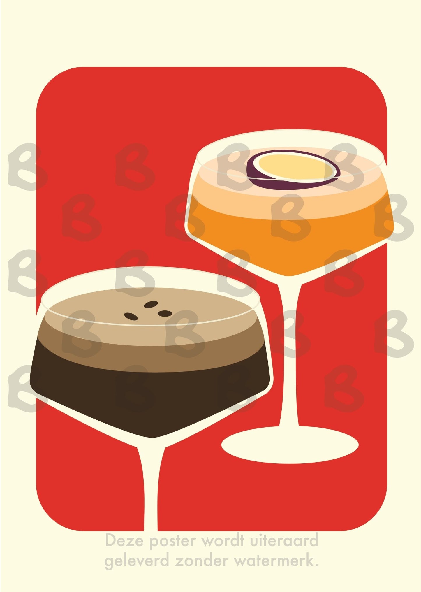 cocktails cocktail poster posters klein formaat kleine poster A4 martini cocktail espresso esma poma bruin koffie rood oranje grapefruit bonenmaling filtermaling filterkoffie koffiemachine posters drank alcohol genieten terras zomer gezellig watermerk