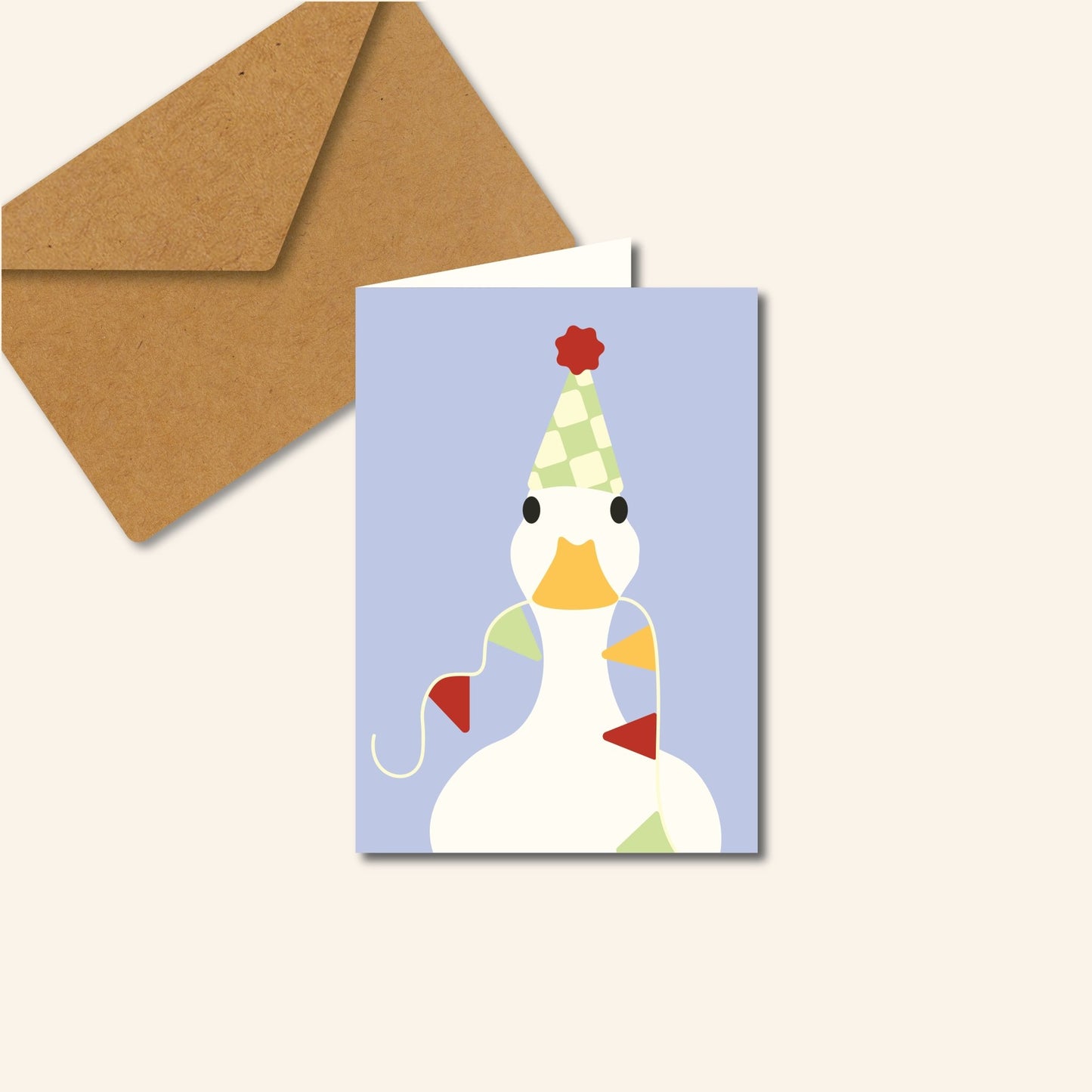 Wenskaart Eendje Jarig van Studio Bloos met vrolijke eend, feestmuts en slingers, kleurrijke verjaardagskaart en felicitatiekaart.