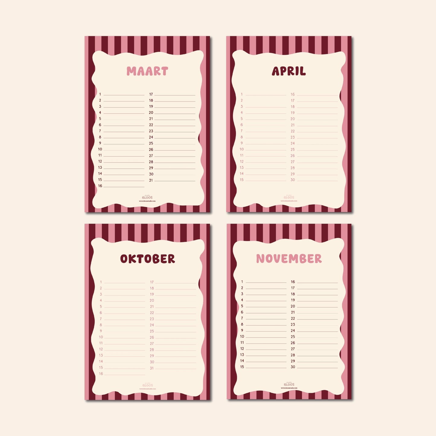 "Verjaardagskalender met donkerrood en roze strepen van Studio Bloos – stoere en schattige kalender om verjaardagen overzichtelijk bij te houden, perfect voor keuken, woonkamer of kantoor."