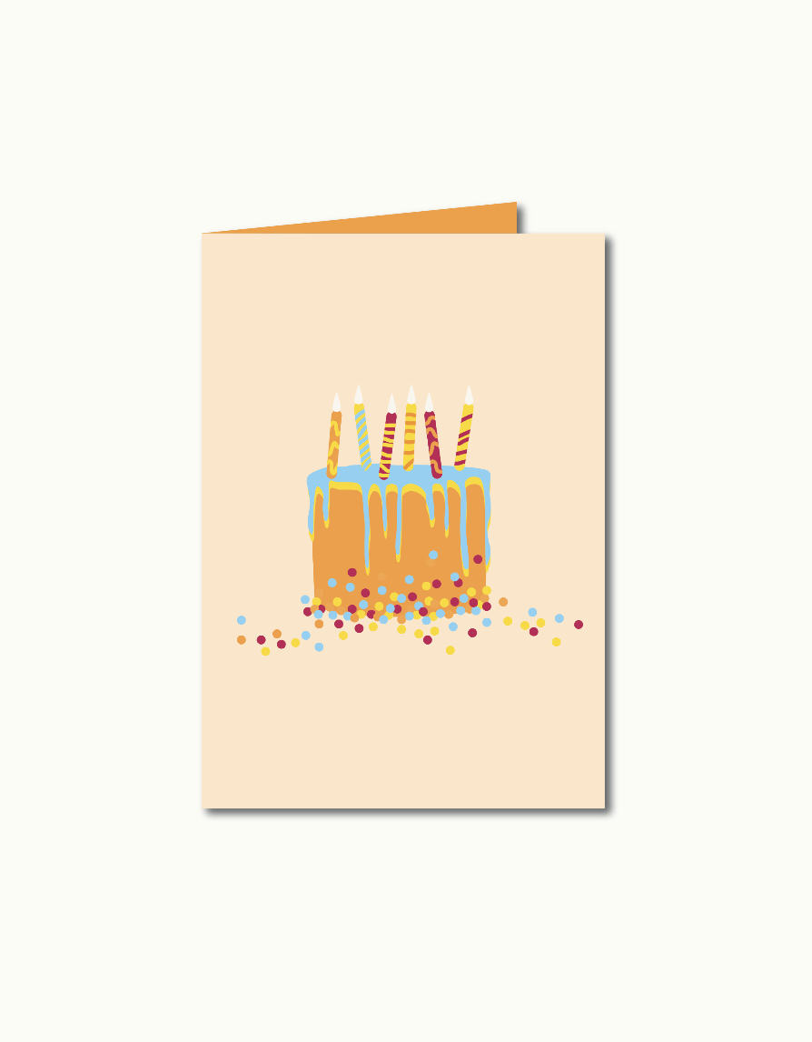 Wenskaart met speelse illustratie van een kleurrijke taart – Tijd voor Taart van Studio Bloos.