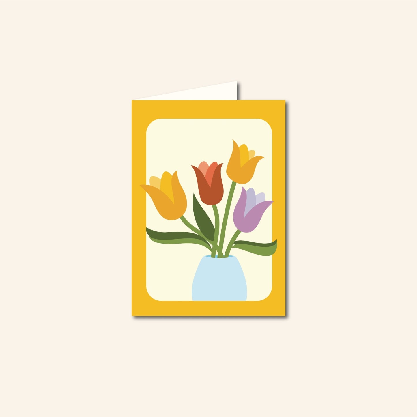 Wenskaart met illustratie van tulpen – Tulpen door de Brievenbus, geschikt voor verjaardag, beterschap of zomaar een groet.