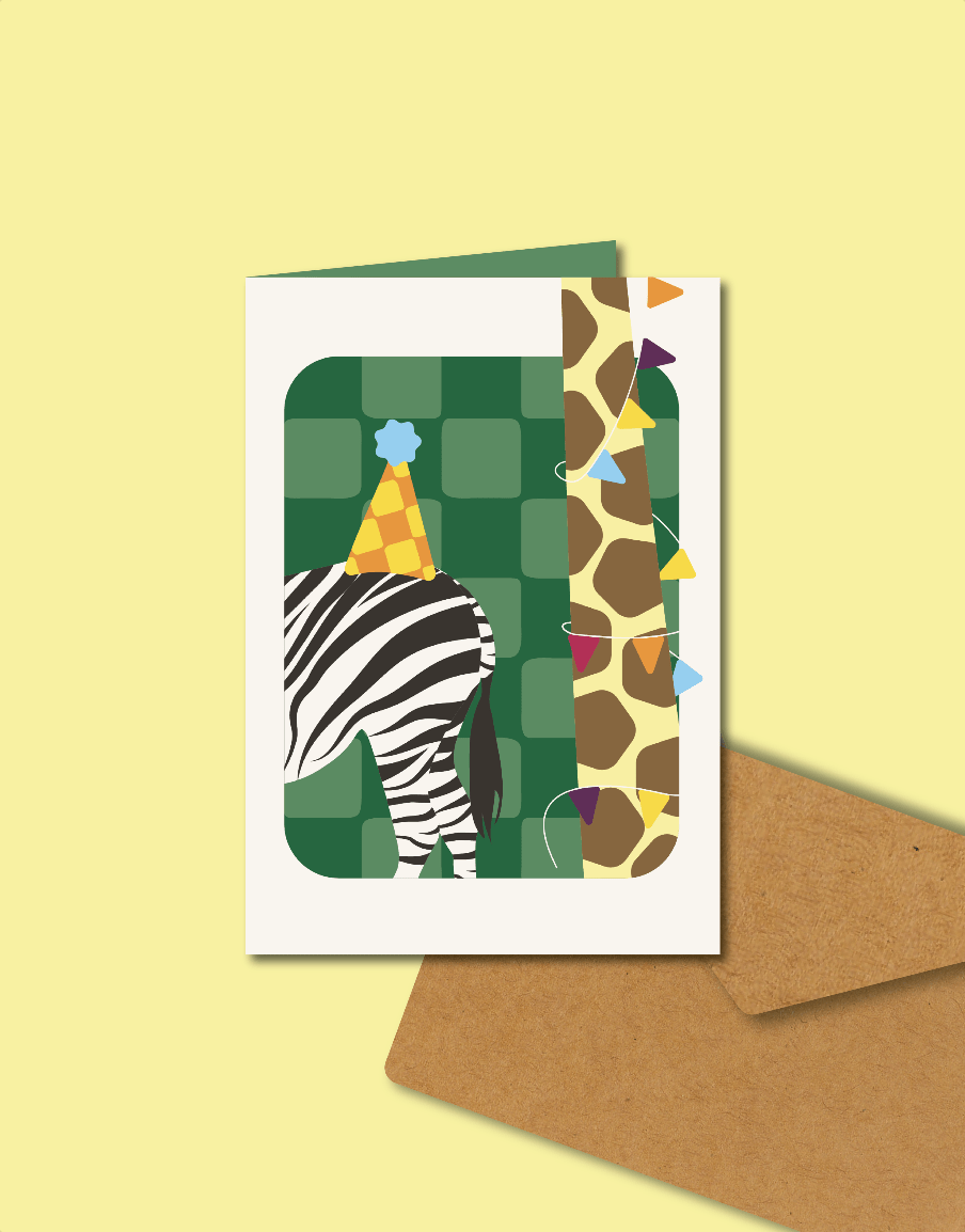 kleurrijk giraffe en zebra groen blauw geel roze slingers en feestmuts
