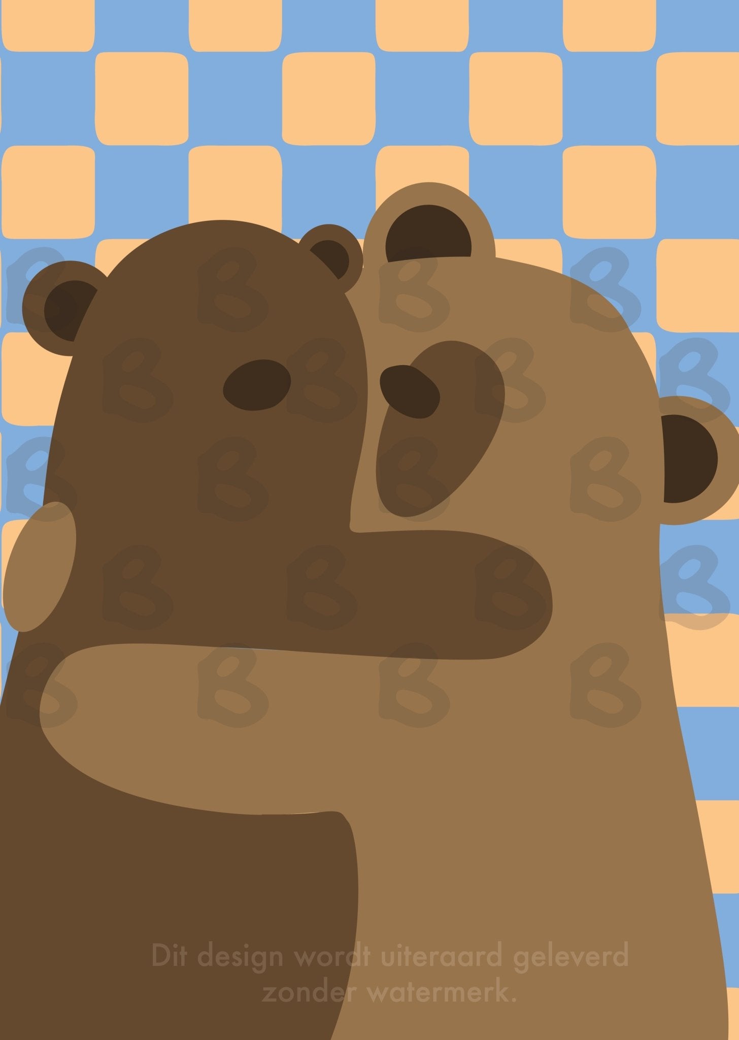 beren lief kaartje sturen stoer knuffel trots rouw ik ben er voor je steun lief geblokt grid checkerboard dambord design kleuren oranje blauw bruin beer groot klein lief stoer gezellig kaart kaartje ansichtkaart wenskaart 