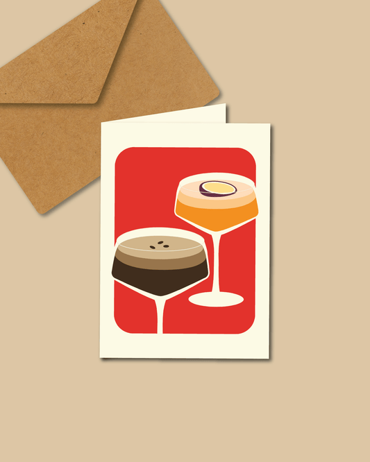 martini wenskaart, pornstar martini kaart, espresso martini kaart, feestelijke wenskaart, moderne wenskaart, kleurrijke kaart, trendy wenskaart, kaart met cocktails, kaart om te proosten.