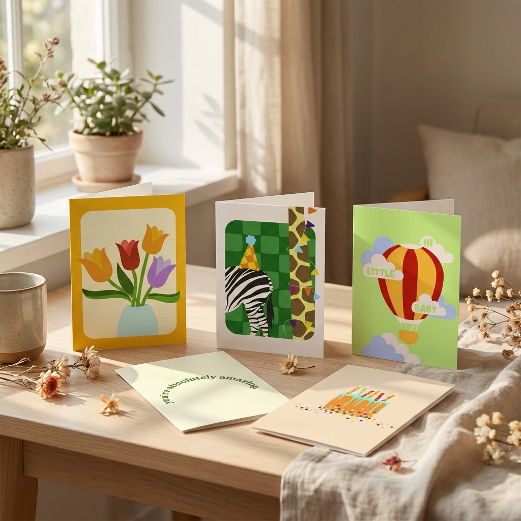 wenskaarten selectie van studio bloos met groene kaarten. klaar voor een feestje en klaar voor verzending.