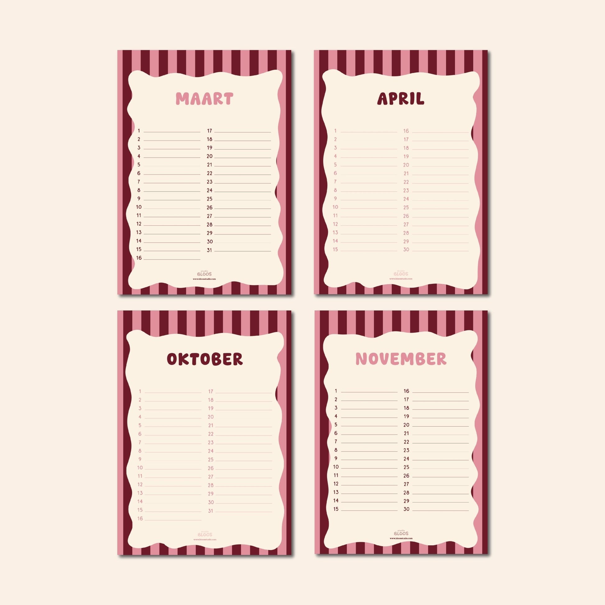 "Verjaardagskalender met donkerrood en roze strepen van Studio Bloos – stoere en schattige kalender om verjaardagen overzichtelijk bij te houden, perfect voor keuken, woonkamer of kantoor."