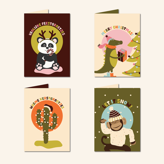 Set van 8 kerstkaarten van Studio Bloos met kleurrijke illustraties: panda met snoepstok en gewei, krokodil met cadeau, cactus als kerstboom en dansende aap in de sneeuw. Inclusief enveloppen.