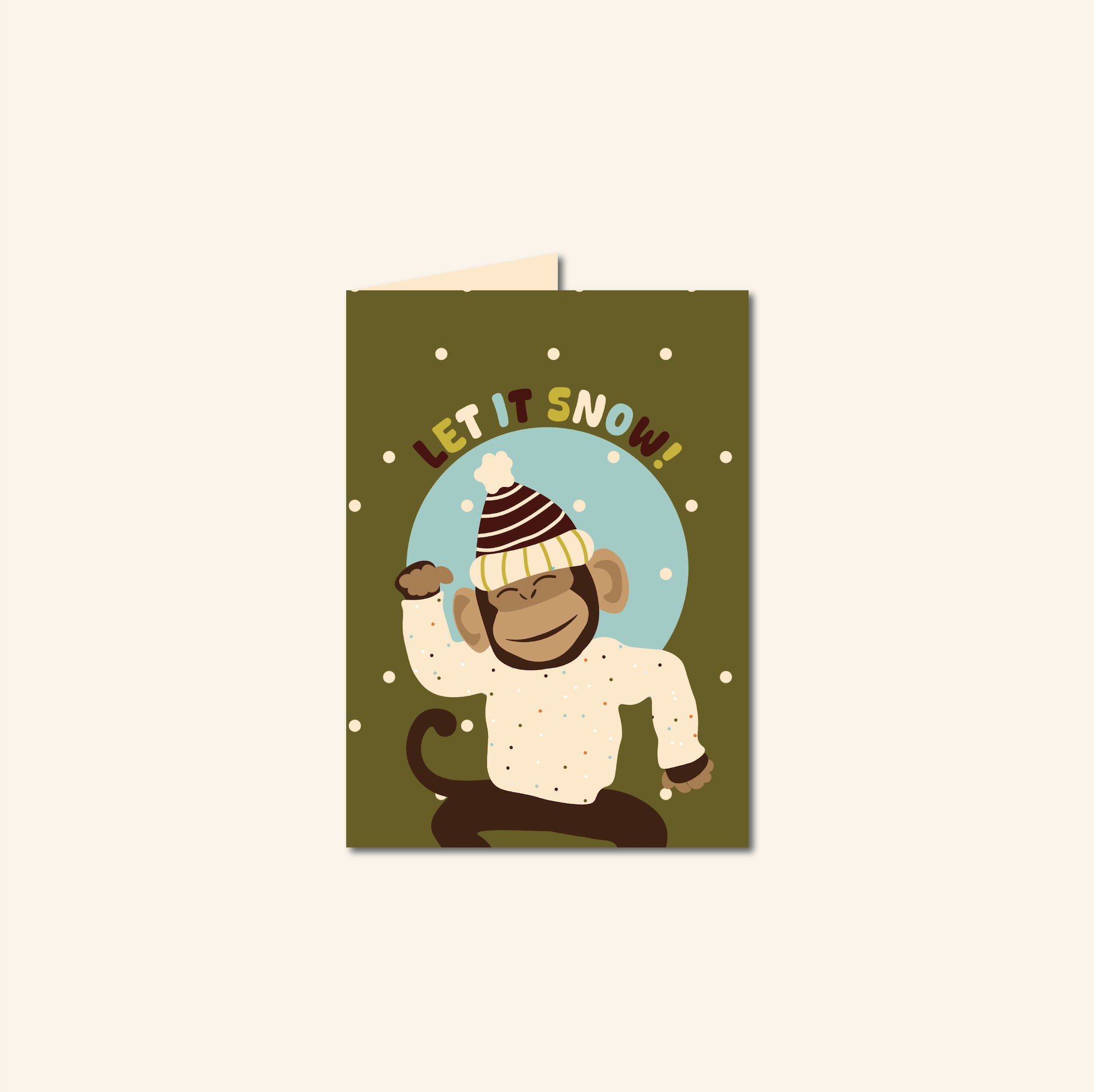 Set van 8 kerstkaarten van Studio Bloos met kleurrijke illustraties: panda met snoepstok en gewei, krokodil met cadeau, cactus als kerstboom en dansende aap in de sneeuw. Inclusief enveloppen.