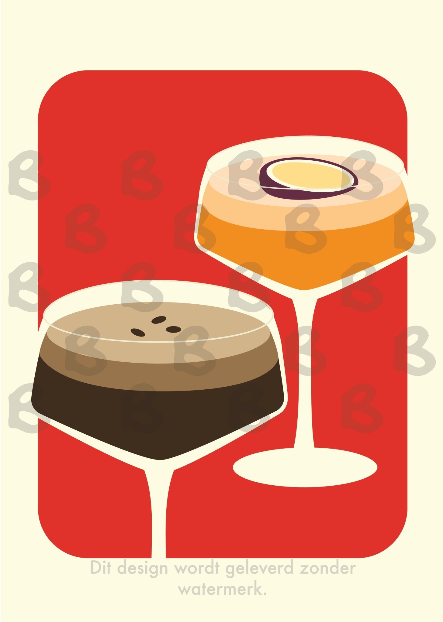 Wenskaart met illustraties van een pornstar martini en een espresso martini in moderne, kleurrijke stijl – Martini Cocktails kaart.