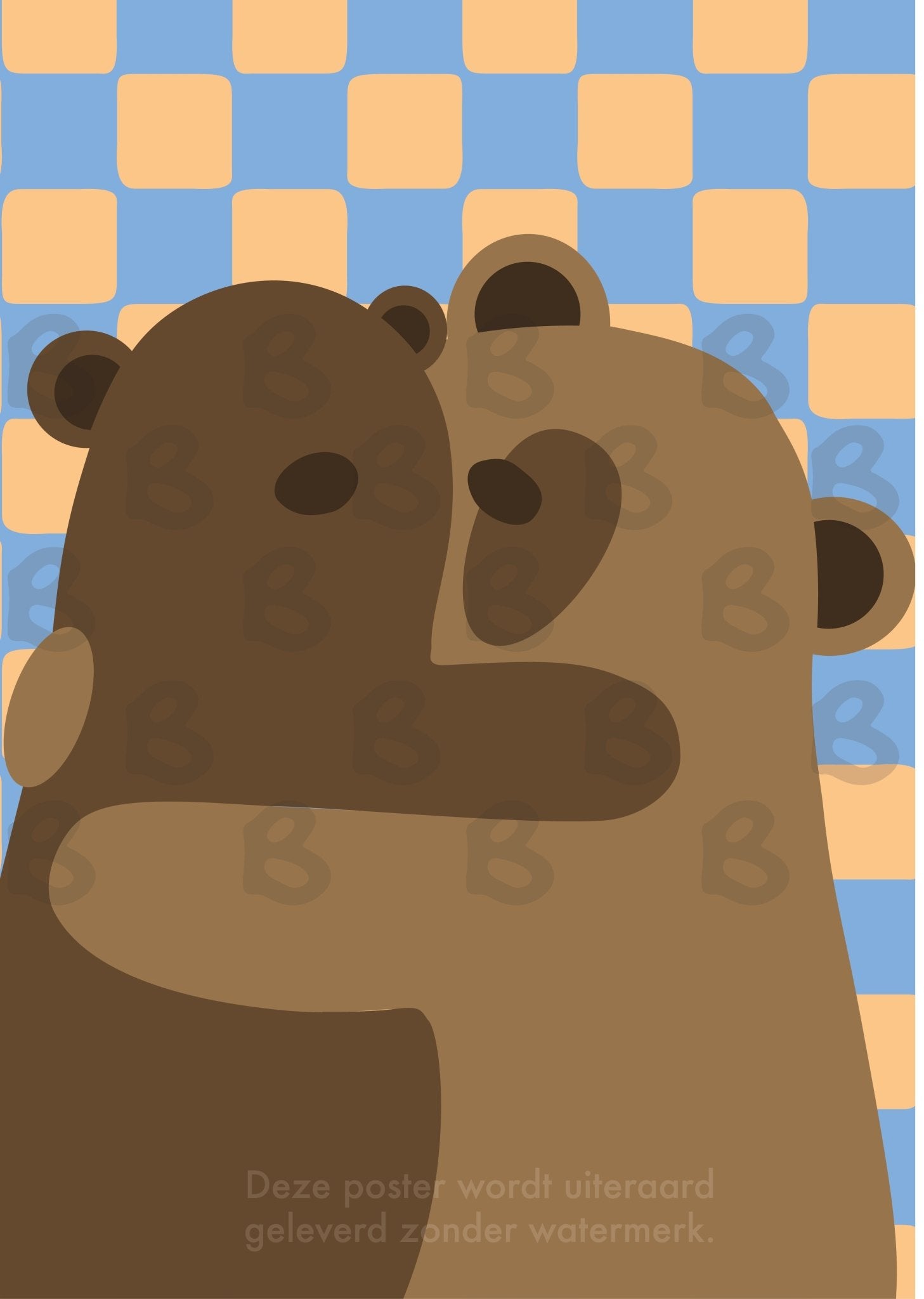 poster blauw oranje geblokt grid beren beer knuffel bruin lief cute stoer jongenskamer meisjeskamer kinderkamer babykamer knuffelen berenlief schattig beregezellig gezellig warm kleuren kamer keuken woonkamer badkamer speelkamer speelhoek decoratie muurdecoratie wanddecoratie watermerk