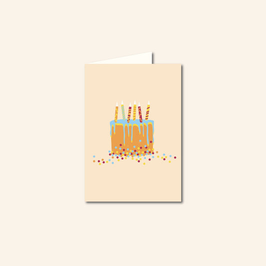 Wenskaart met speelse illustratie van een kleurrijke taart – Tijd voor Taart van Studio Bloos.