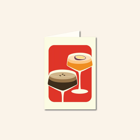 Verras iemand met een sprankelende groet! De Martini Cocktails wenskaart toont twee iconische cocktails in een kleurrijke, moderne illustratie: de populaire pornstar martini en de geliefde espresso martini. Een stijlvolle en speelse kaart die meteen zin geeft om te proosten op vriendschap, feest, succes of gewoon op het leven.