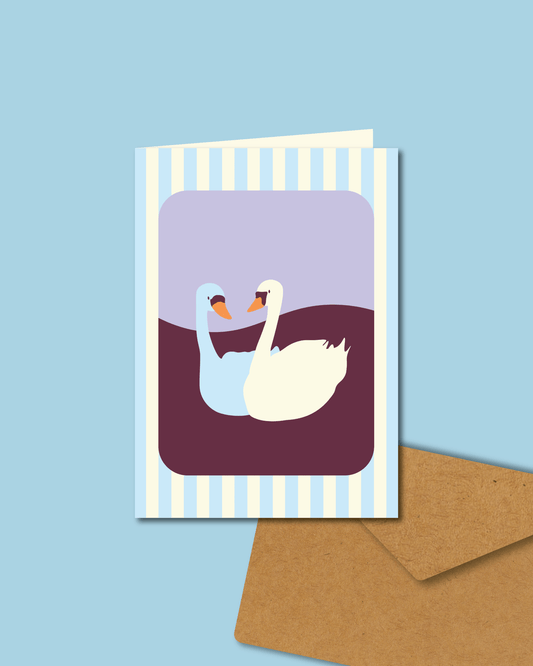 Wenskaart Swanniversary met elegante illustratie van twee zwanen, ideaal voor jubileum, liefde en vriendschap.